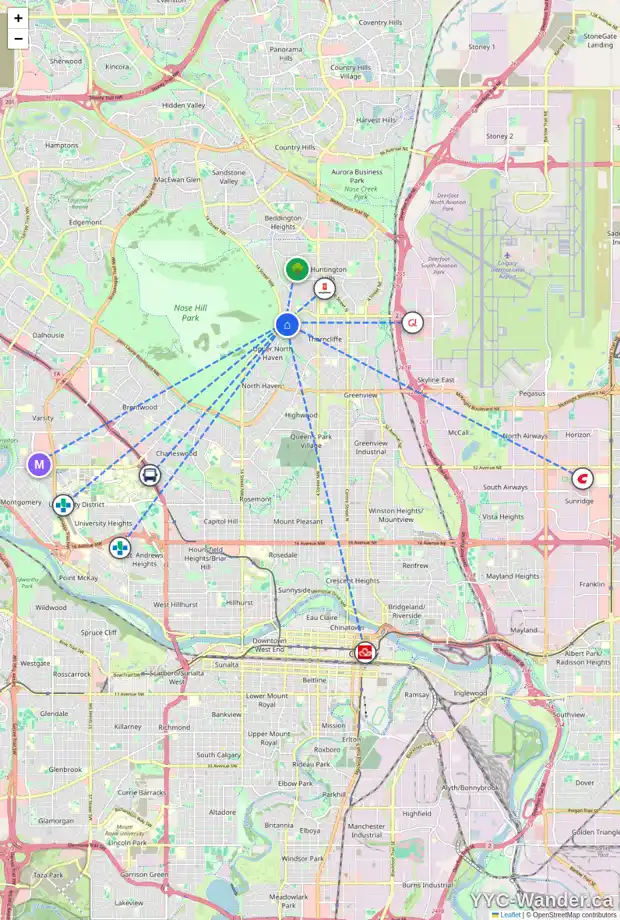 Daily accessibility map for 6605 HUNTSBAY RD NW, Calgary showing nearby schools, grocery stores, parks, LRT stations and nearby amenities