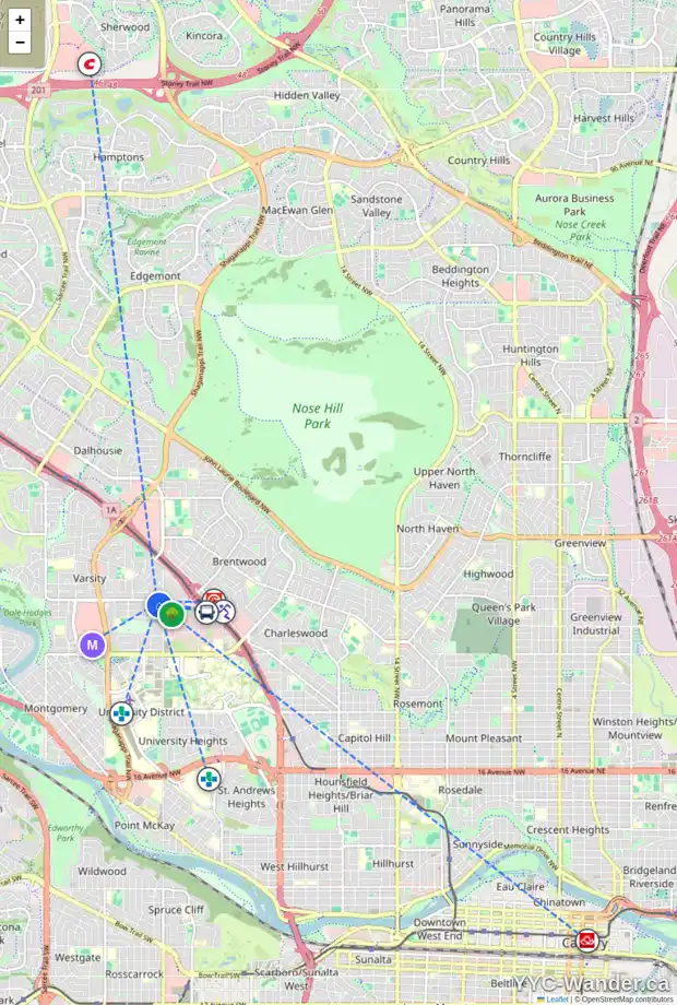 Daily accessibility map for 3812 40 AV NW, Calgary showing nearby schools, grocery stores, parks, LRT stations and nearby amenities