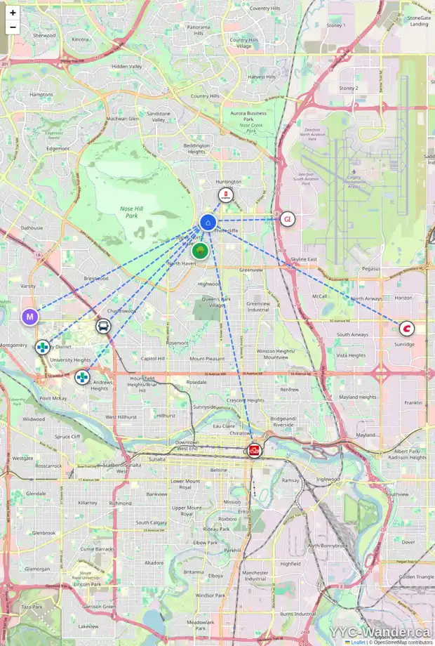 Daily accessibility map for 6115 NORFOLK DR NW, Calgary showing nearby schools, grocery stores, parks, LRT stations and nearby amenities