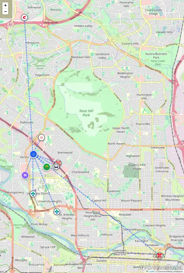Daily accessibility map for 4312 VARSITY DR NW, Calgary showing nearby schools, grocery stores, parks, LRT stations and nearby amenities