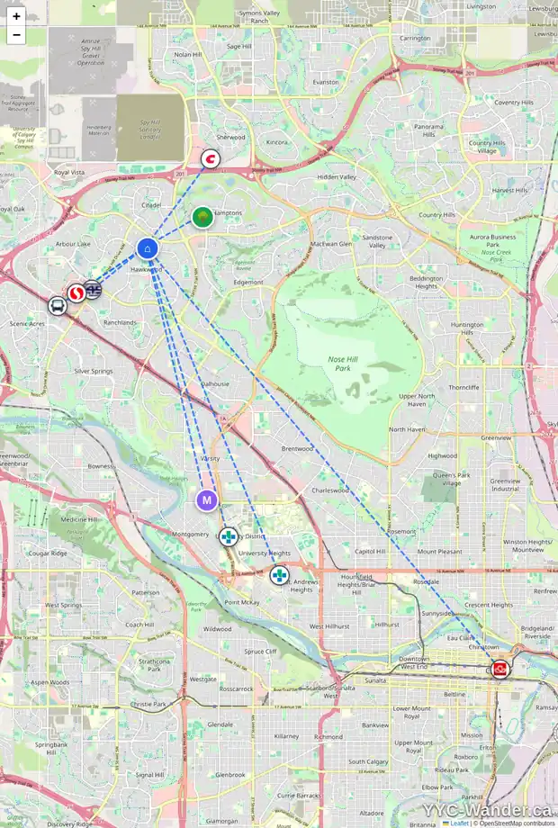 Daily accessibility map for 90 HAWKMOUNT GR NW, Calgary showing nearby schools, grocery stores, parks, LRT stations and nearby amenities