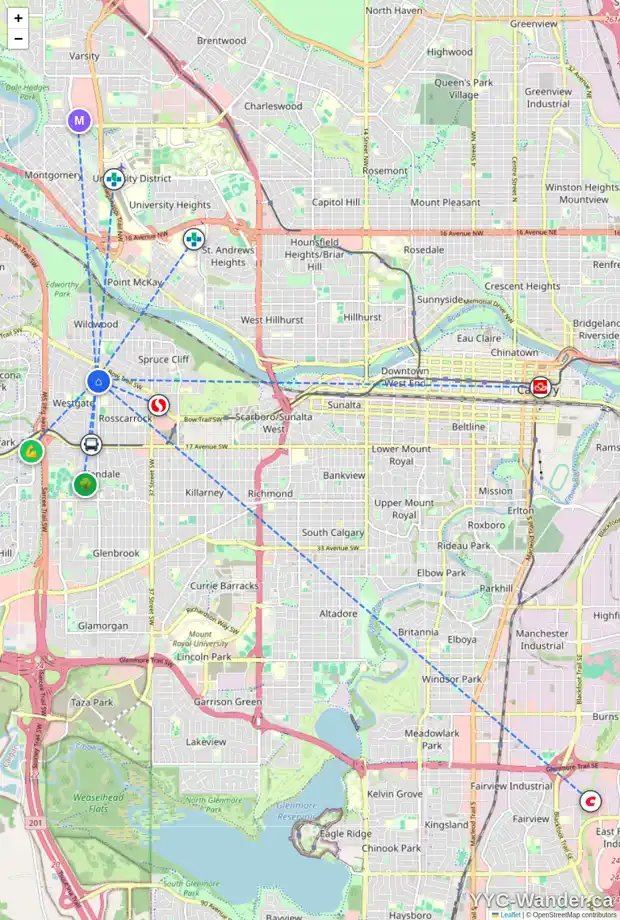 Daily accessibility map for 745 45 ST SW, Calgary showing nearby schools, grocery stores, parks, LRT stations and nearby amenities
