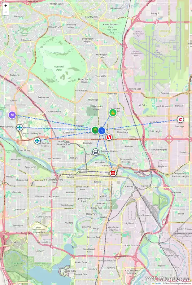 Daily accessibility map for 424 22 AV NW, Calgary showing nearby schools, grocery stores, parks, LRT stations and nearby amenities