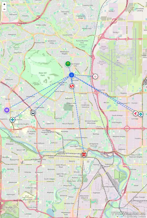 Daily accessibility map for 707 64 AV NW, Calgary showing nearby schools, grocery stores, parks, LRT stations and nearby amenities