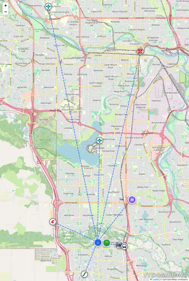 Daily accessibility map for 70 EVERGREEN BA SW, Calgary showing nearby schools, grocery stores, parks, LRT stations and nearby amenities