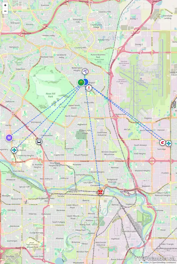 Daily accessibility map for 620 75 AV NW, Calgary showing nearby schools, grocery stores, parks, LRT stations and nearby amenities
