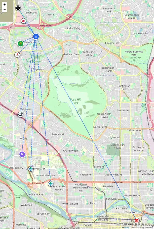 Daily accessibility map for 175 HAMPTONS TC NW, Calgary showing nearby schools, grocery stores, parks, LRT stations and nearby amenities
