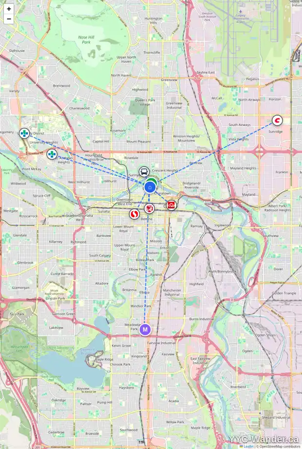 Daily accessibility map for 1704 400 EAU CLAIRE AV SW, Calgary showing nearby schools, grocery stores, parks, LRT stations and nearby amenities