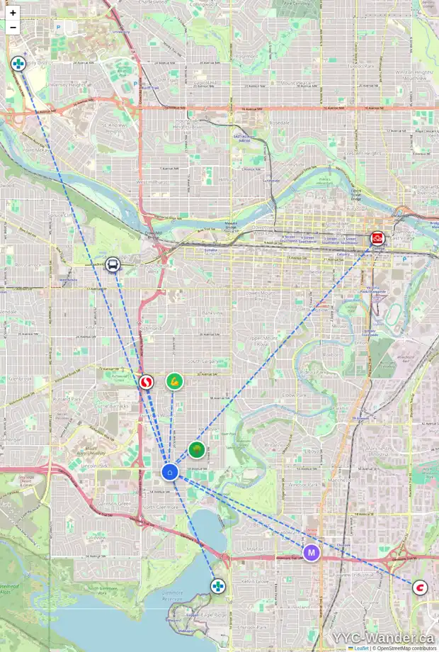 Daily accessibility map for 2127 50 AV SW, Calgary showing nearby schools, grocery stores, parks, LRT stations and nearby amenities