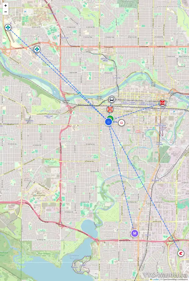 Daily accessibility map for 1541 11 ST SW, Calgary showing nearby schools, grocery stores, parks, LRT stations and nearby amenities
