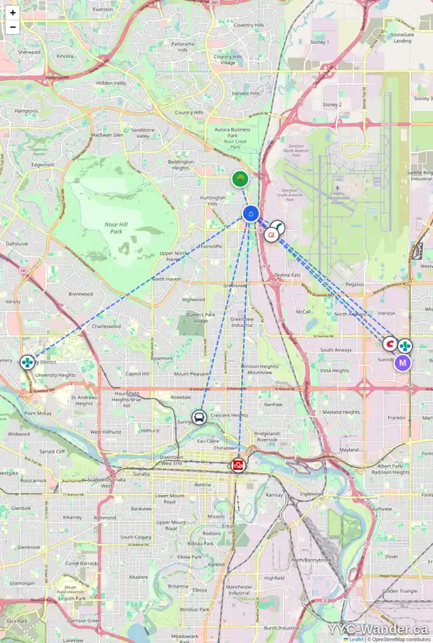 Daily accessibility map for 19 HUNTERHORN GA NE, Calgary showing nearby schools, grocery stores, parks, LRT stations and nearby amenities