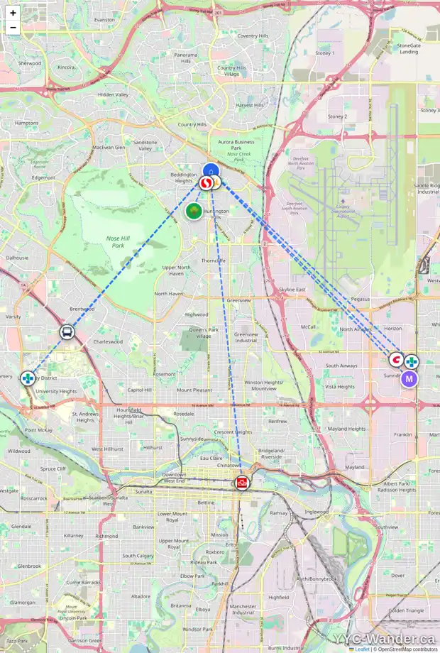 Daily accessibility map for 8414 CENTRE ST NE, Calgary showing nearby schools, grocery stores, parks, LRT stations and nearby amenities