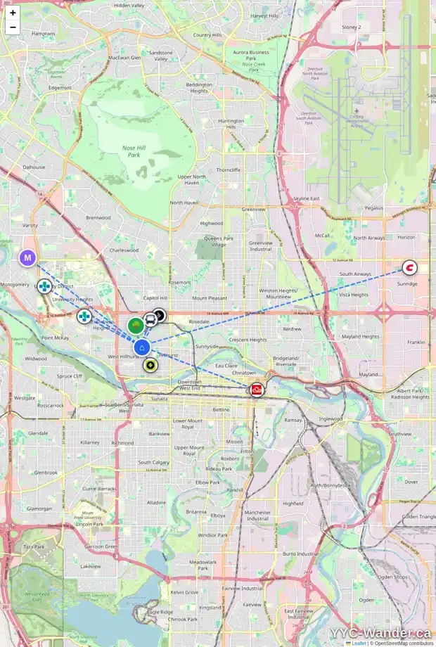 Daily accessibility map for 2029 6 AV NW, Calgary showing nearby schools, grocery stores, parks, LRT stations and nearby amenities