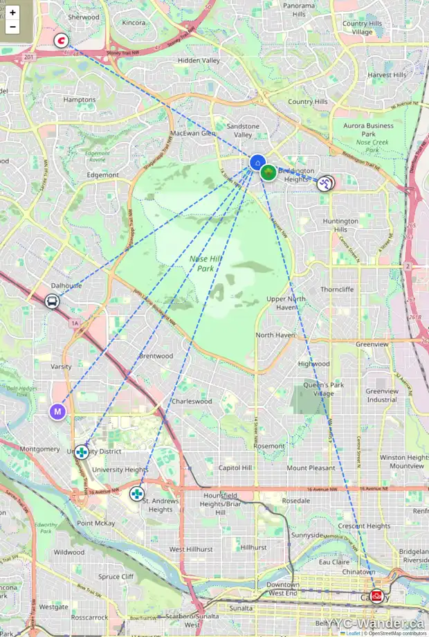 Daily accessibility map for 39 BEARBERRY CL NW, Calgary showing nearby schools, grocery stores, parks, LRT stations and nearby amenities