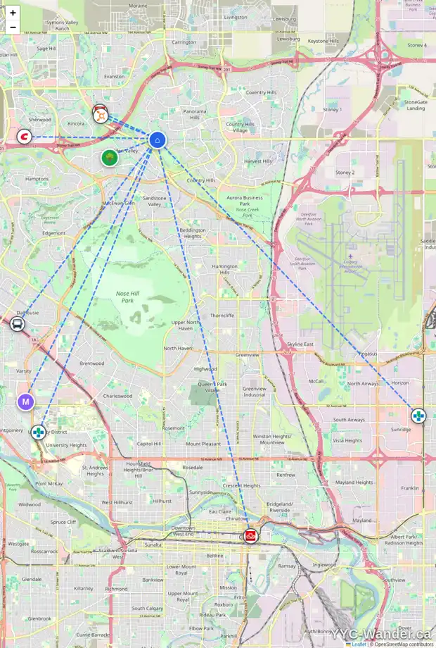 Daily accessibility map for 85 HIDDEN CREEK PA NW, Calgary showing nearby schools, grocery stores, parks, LRT stations and nearby amenities