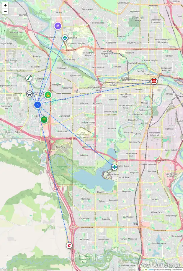 Daily accessibility map for 214 SIMCREST HT SW, Calgary showing nearby schools, grocery stores, parks, LRT stations and nearby amenities
