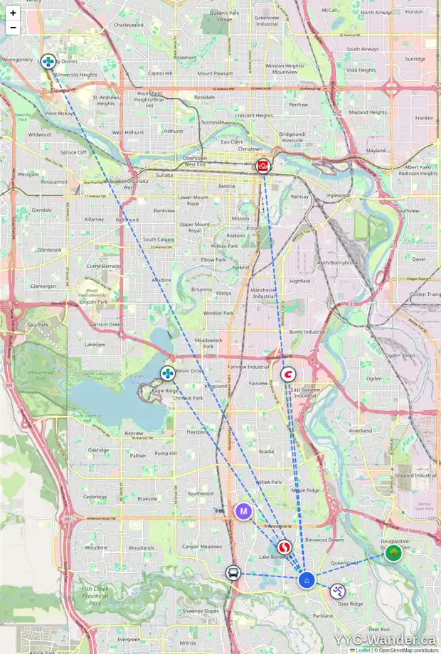 Daily accessibility map for 1548 LAKE TWINTREE WY SE, Calgary showing nearby schools, grocery stores, parks, LRT stations and nearby amenities