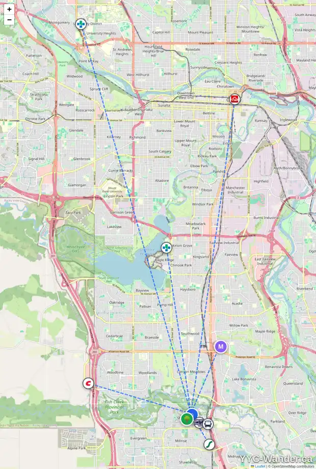 Daily accessibility map for 844 SHAWNEE DR SW, Calgary showing nearby schools, grocery stores, parks, LRT stations and nearby amenities
