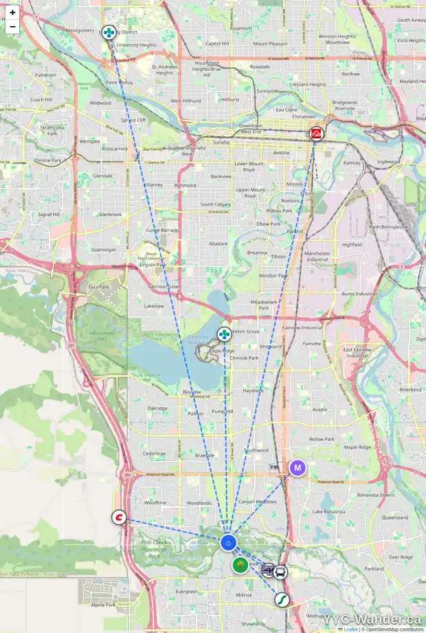 Daily accessibility map for 1536 EVERGREEN HL SW, Calgary showing nearby schools, grocery stores, parks, LRT stations and nearby amenities