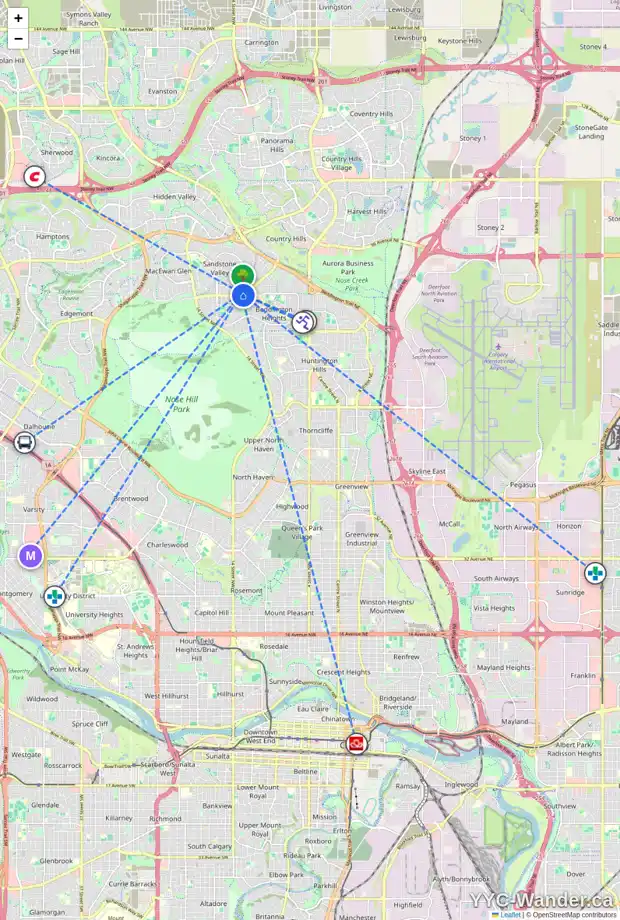 Daily accessibility map for 104 SANDSTONE RD NW, Calgary showing nearby schools, grocery stores, parks, LRT stations and nearby amenities