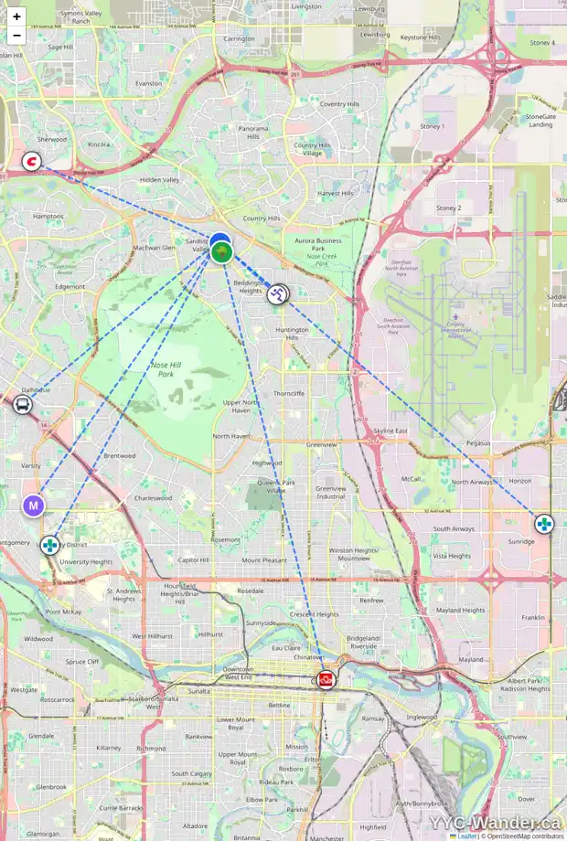 Daily accessibility map for 43 SANDPIPER ME NW, Calgary showing nearby schools, grocery stores, parks, LRT stations and nearby amenities