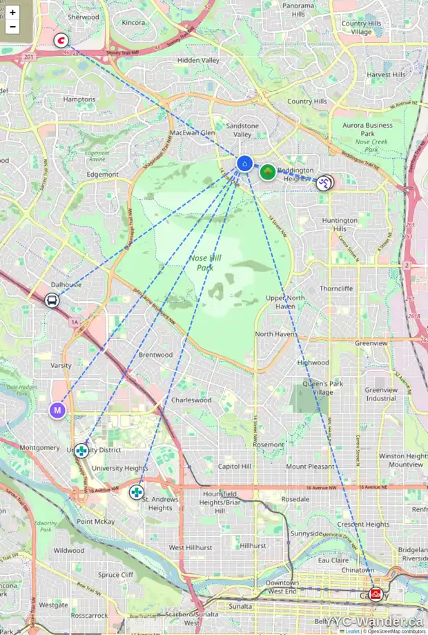Daily accessibility map for 23 BEARBERRY CR NW, Calgary showing nearby schools, grocery stores, parks, LRT stations and nearby amenities