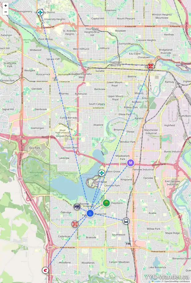 Daily accessibility map for 2023 PALISPRIOR RD SW, Calgary showing nearby schools, grocery stores, parks, LRT stations and nearby amenities