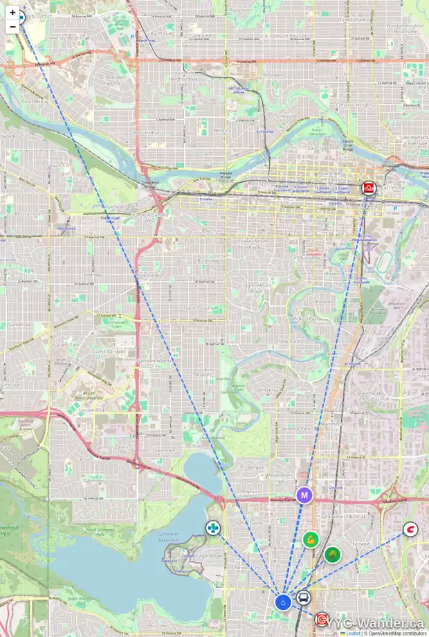 Daily accessibility map for 655 84 AV SW, Calgary showing nearby schools, grocery stores, parks, LRT stations and nearby amenities