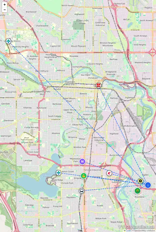 Daily accessibility map for 7832 21A ST SE, Calgary showing nearby schools, grocery stores, parks, LRT stations and nearby amenities