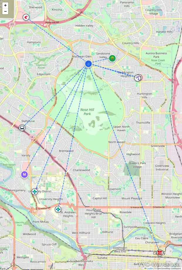 Daily accessibility map for 140 MACEWAN GLEN WY NW, Calgary showing nearby schools, grocery stores, parks, LRT stations and nearby amenities