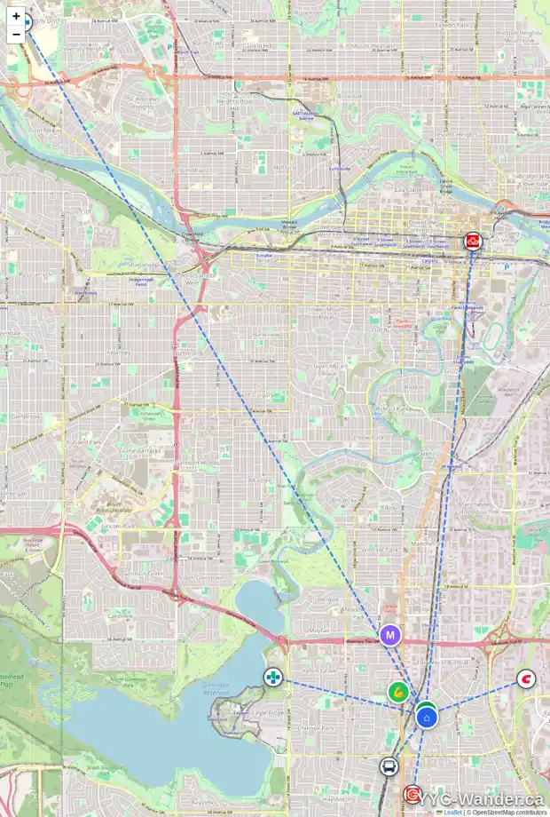 Daily accessibility map for 107 FAIRVIEW DR SE, Calgary showing nearby schools, grocery stores, parks, LRT stations and nearby amenities