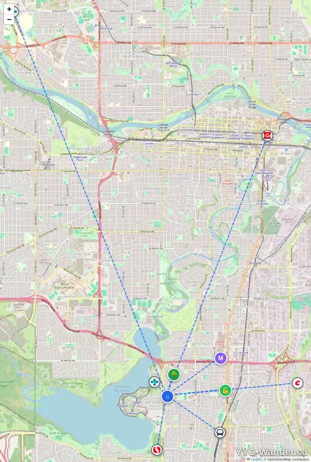 Daily accessibility map for 1423 75 AV SW, Calgary showing nearby schools, grocery stores, parks, LRT stations and nearby amenities