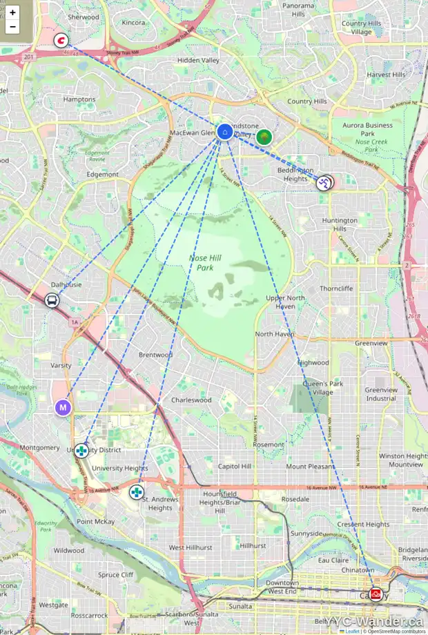 Daily accessibility map for 112 SANDRINGHAM RD NW, Calgary showing nearby schools, grocery stores, parks, LRT stations and nearby amenities