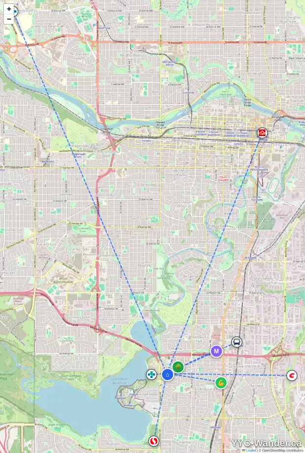 Daily accessibility map for 7248 KANANASKIS DR SW, Calgary showing nearby schools, grocery stores, parks, LRT stations and nearby amenities