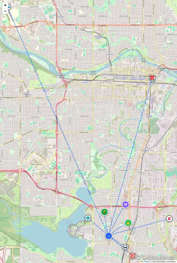 Daily accessibility map for 101 CHEROVAN DR SW, Calgary showing nearby schools, grocery stores, parks, LRT stations and nearby amenities