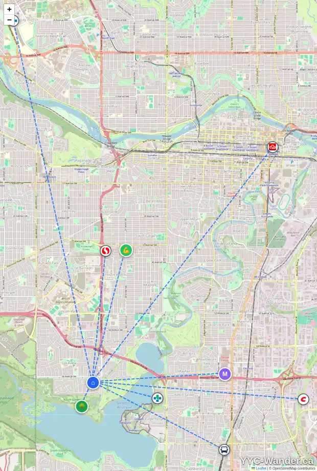 Daily accessibility map for 6718 LARCH CO SW, Calgary showing nearby schools, grocery stores, parks, LRT stations and nearby amenities