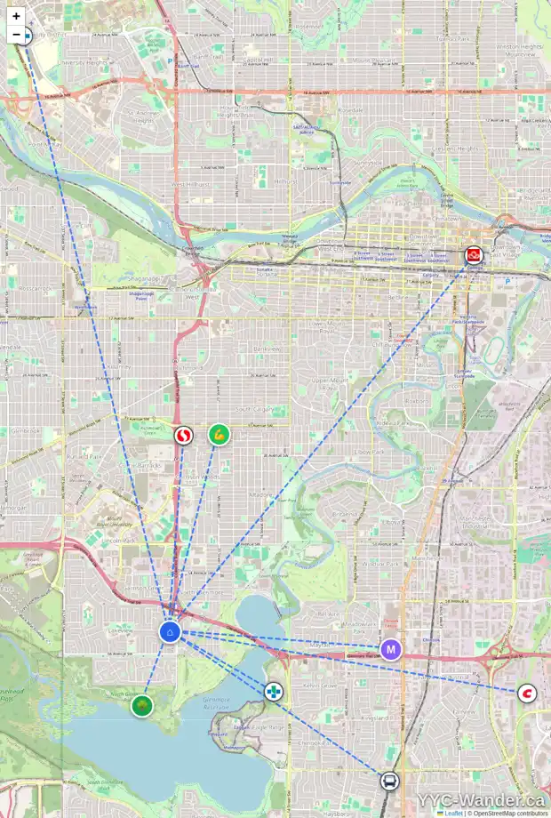 Daily accessibility map for 6307 LACOMBE WY SW, Calgary showing nearby schools, grocery stores, parks, LRT stations and nearby amenities