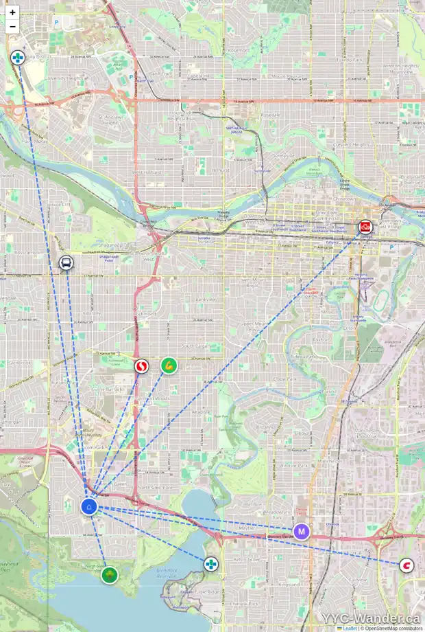 Daily accessibility map for 3409 LANE CR SW, Calgary showing nearby schools, grocery stores, parks, LRT stations and nearby amenities