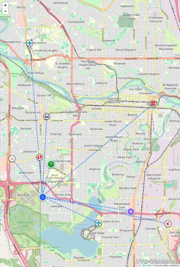 Daily accessibility map for 5728 LODGE CR SW, Calgary showing nearby schools, grocery stores, parks, LRT stations and nearby amenities