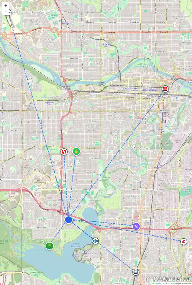 Daily accessibility map for 2216 LONGRIDGE DR SW, Calgary showing nearby schools, grocery stores, parks, LRT stations and nearby amenities