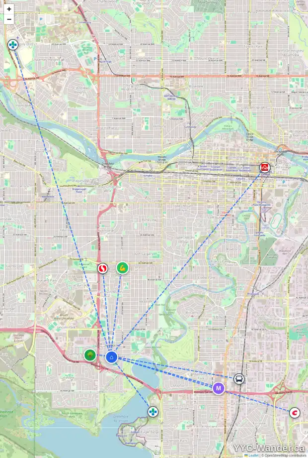 Daily accessibility map for 16 LANGTON DR SW, Calgary showing nearby schools, grocery stores, parks, LRT stations and nearby amenities