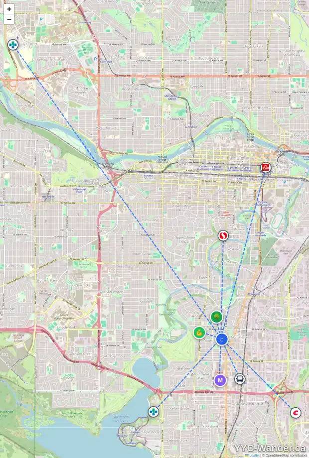 Daily accessibility map for 433 52 AV SW, Calgary showing nearby schools, grocery stores, parks, LRT stations and nearby amenities