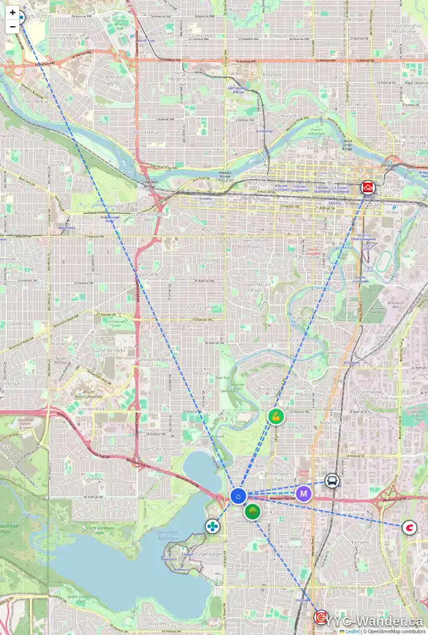 Daily accessibility map for 1400 MOORCROFT RD SW, Calgary showing nearby schools, grocery stores, parks, LRT stations and nearby amenities
