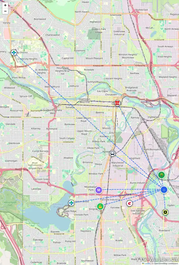 Daily accessibility map for 1905 62 AV SE, Calgary showing nearby schools, grocery stores, parks, LRT stations and nearby amenities