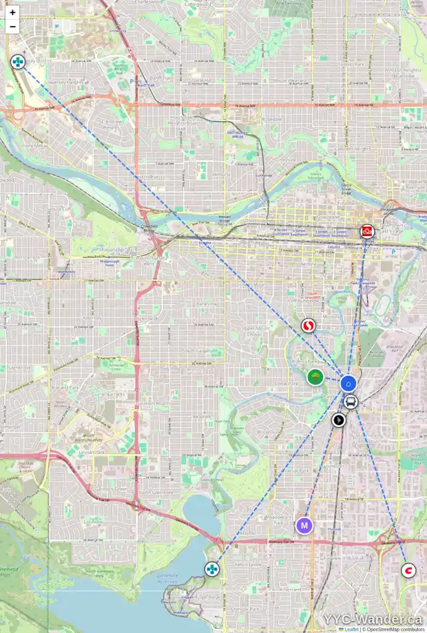 Daily accessibility map for 6 3820 PARKHILL PL SW, Calgary showing nearby schools, grocery stores, parks, LRT stations and nearby amenities
