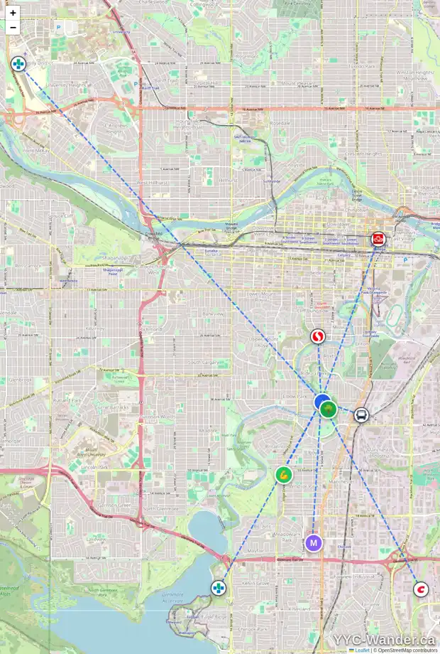 Daily accessibility map for 201 38 AV SW, Calgary showing nearby schools, grocery stores, parks, LRT stations and nearby amenities