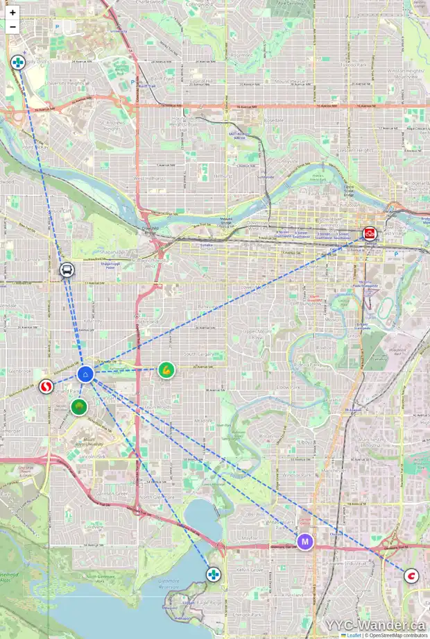 Daily accessibility map for 3115 34 AV SW, Calgary showing nearby schools, grocery stores, parks, LRT stations and nearby amenities
