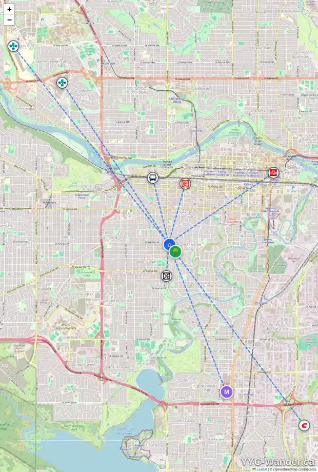 Daily accessibility map for 2736 14 ST SW, Calgary showing nearby schools, grocery stores, parks, LRT stations and nearby amenities