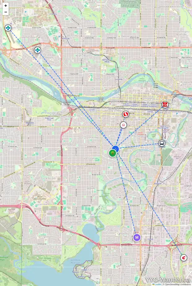 Daily accessibility map for 1102 FRONTENAC AV SW, Calgary showing nearby schools, grocery stores, parks, LRT stations and nearby amenities
