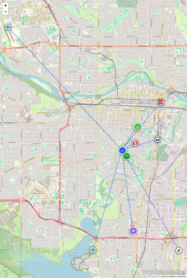 Daily accessibility map for 3013 6 ST SW, Calgary showing nearby schools, grocery stores, parks, LRT stations and nearby amenities